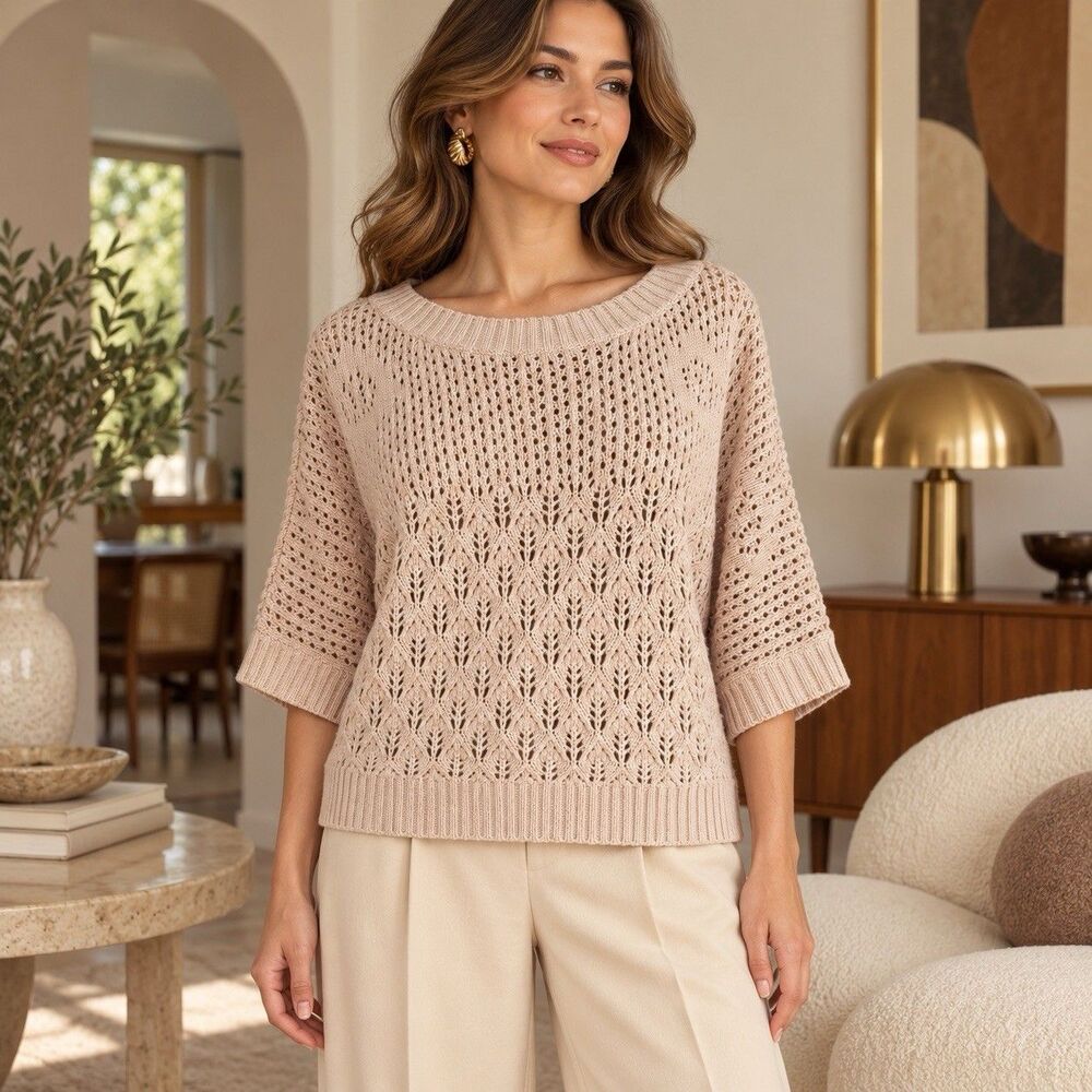 Forever XXI Tan Open Knit Pointelle Cotton Blend Sweater S